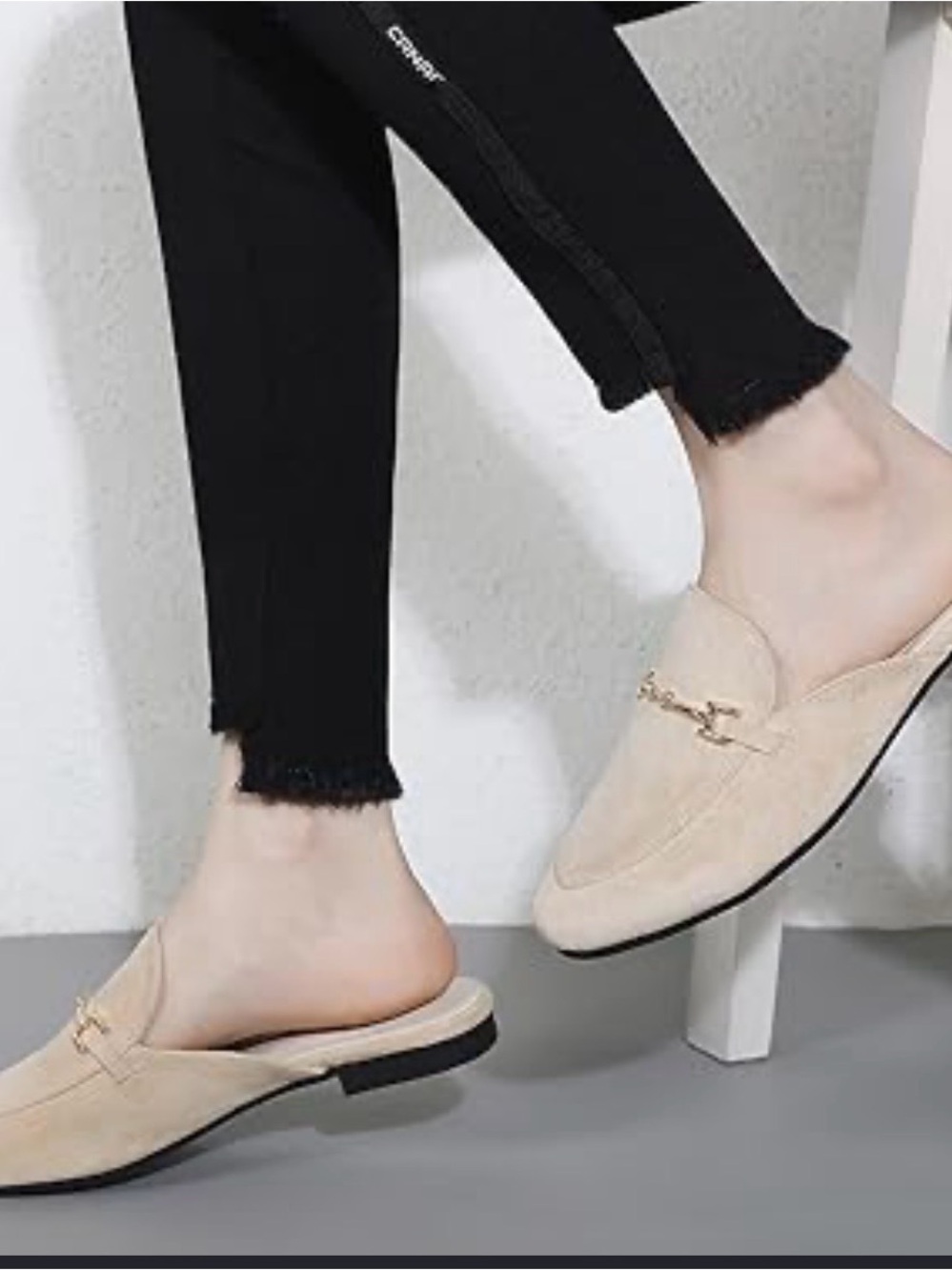 Mi Taupe Suede Backless Loafer Mules with Gold Horsebit